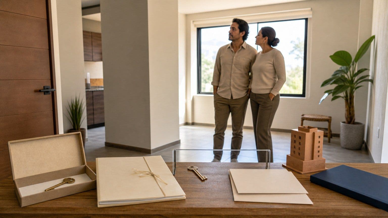 Pareja recorre un departamento vacío con dos llaves, expedientes de vivienda y documentos para un crédito subsecuente.