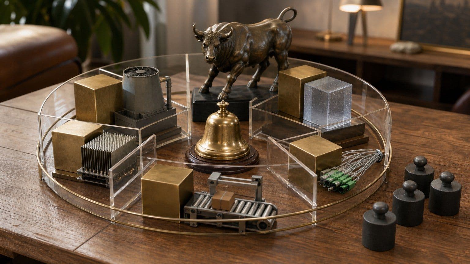 Mesa bursátil con un toro de bronce y cinco compartimentos que representan distintos subsectores tecnológicos.