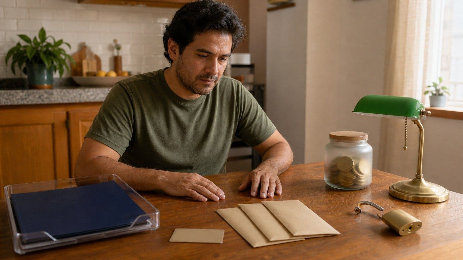 Persona en México revisando documentos de historial crediticio en una mesa, con carpeta financiera y sobres sin texto.