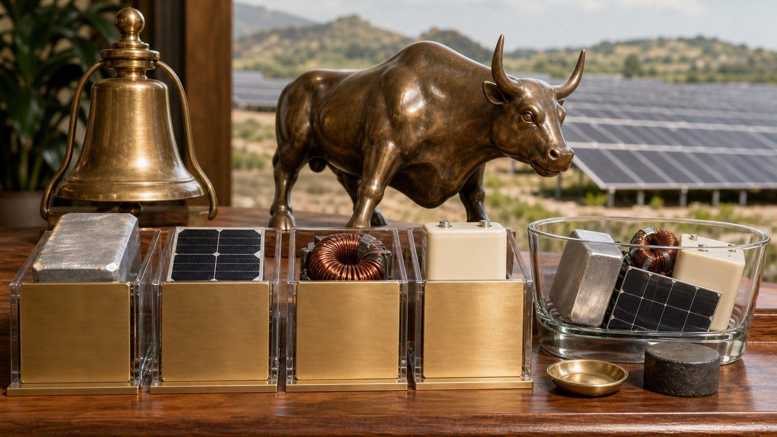 Mesa bursátil con un toro de bronce, componentes solares y una canasta diversificada frente a un campo fotovoltaico.