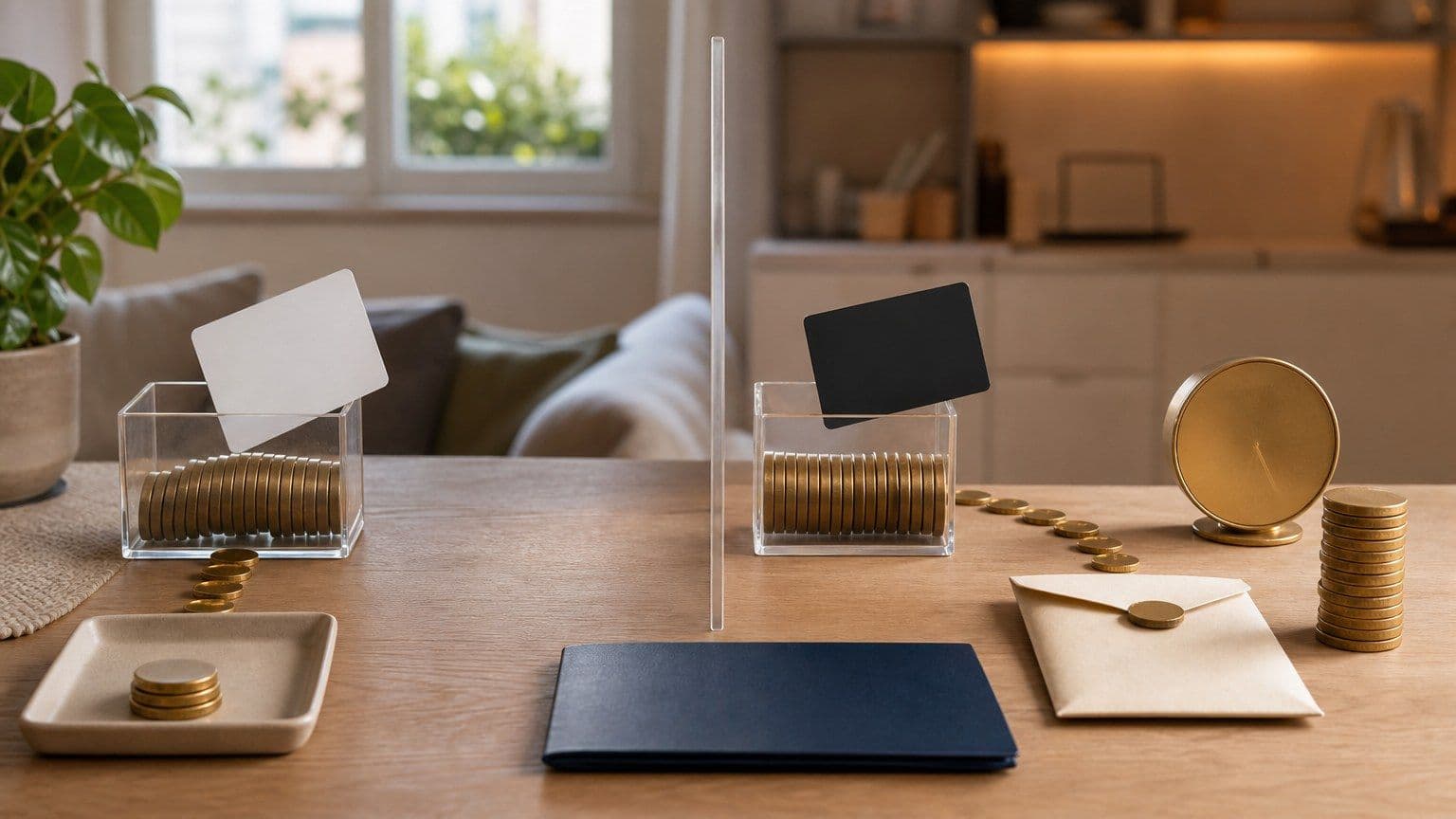 Dos tarjetas de pago en blanco comparan el uso de saldo propio y crédito futuro sobre una mesa con monedas y sobres.