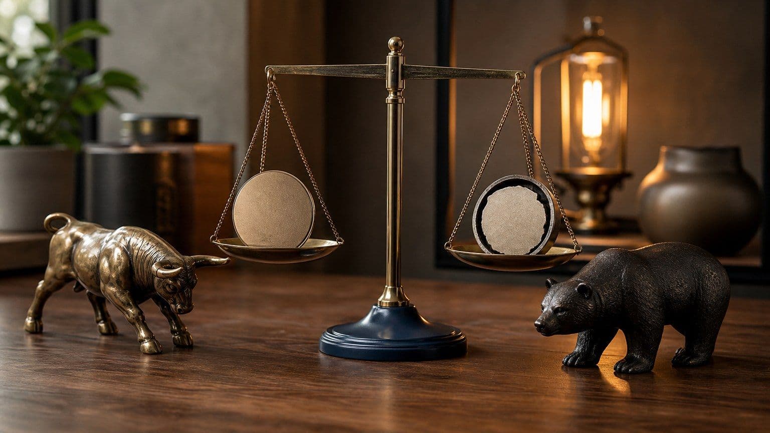 Una balanza compara dos fichas de valoración entre figuras de un toro y un oso sobre una mesa de análisis financiero.